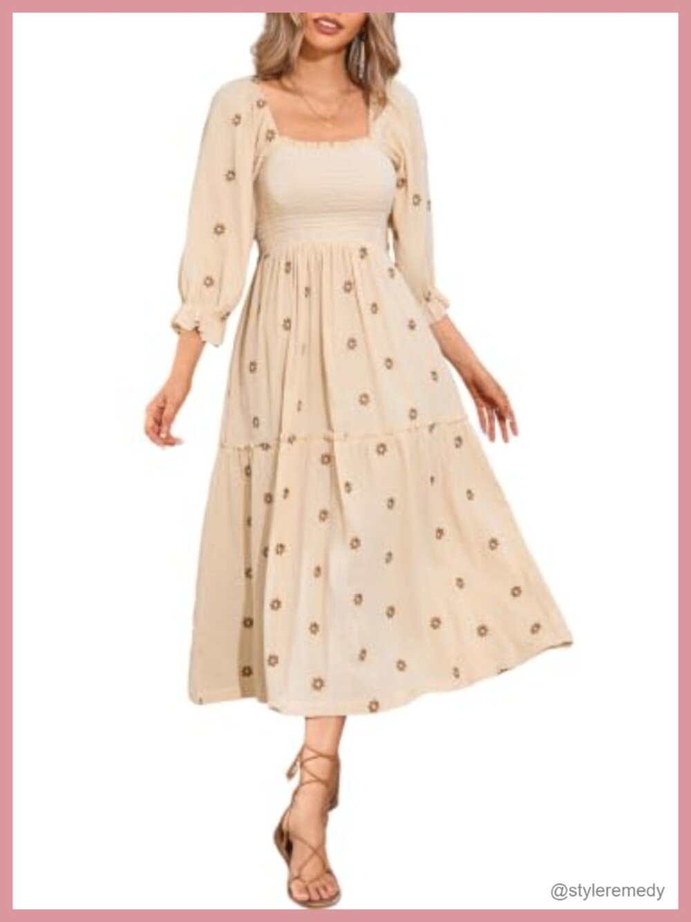 R.Vivimos Floral Embroidered Cotton Boho Midi Dress with Pockets